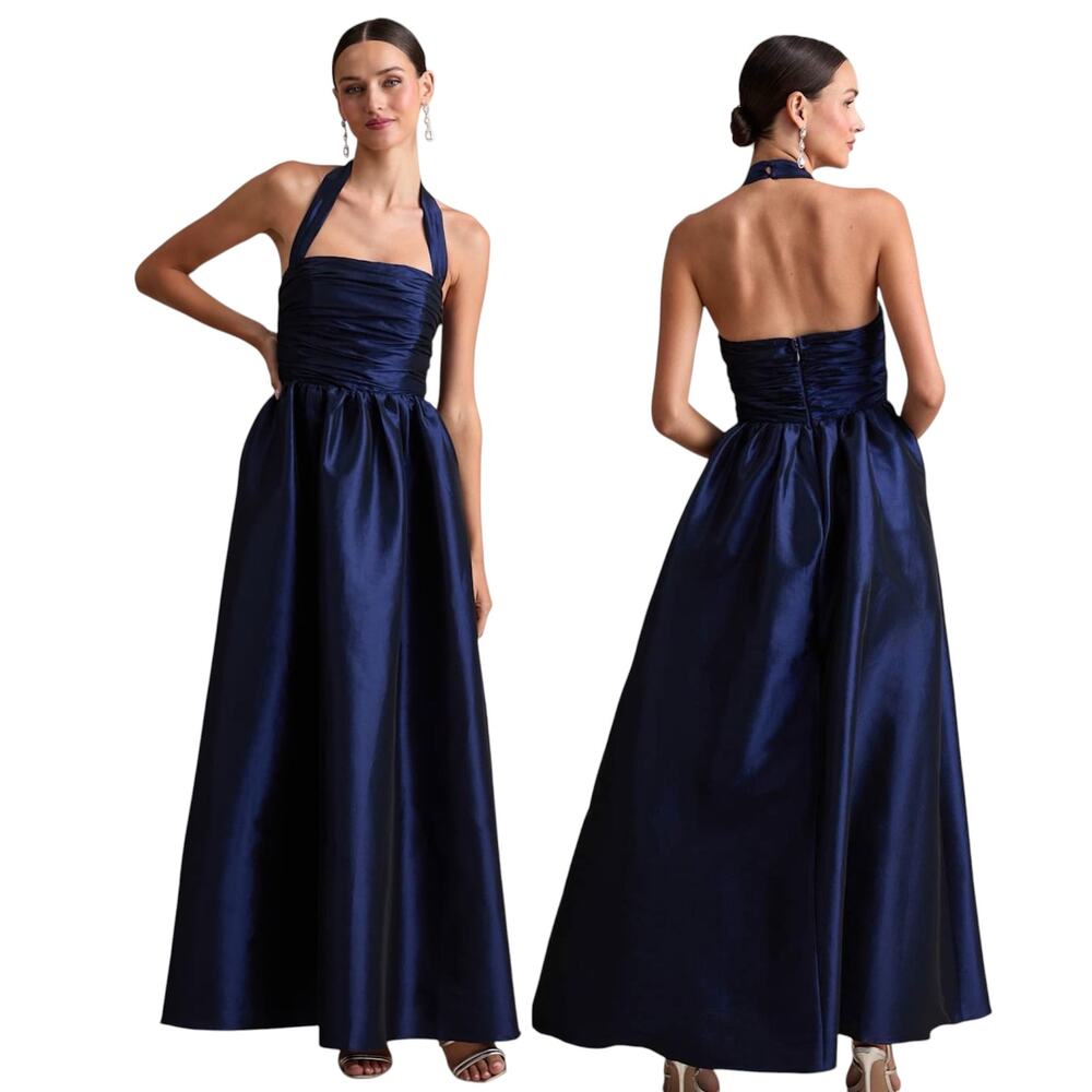 Lulus Rani Navy Taffeta Halter A-Line Maxi Dress size Medium NWT
